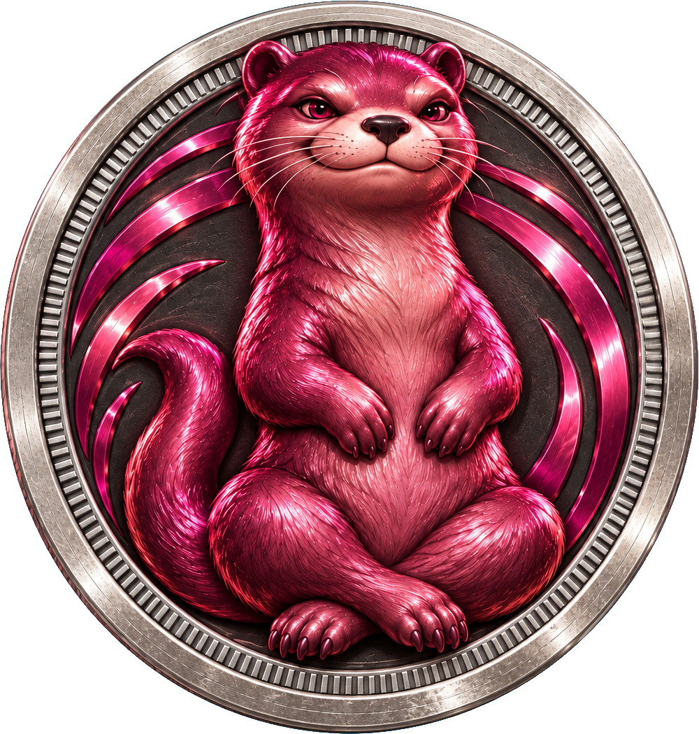 Silver coin with a ridged rim, charcoal face, sweeping magenta bands, and a smug plum-magenta otter relief with paws on his belly and a curled tail.
